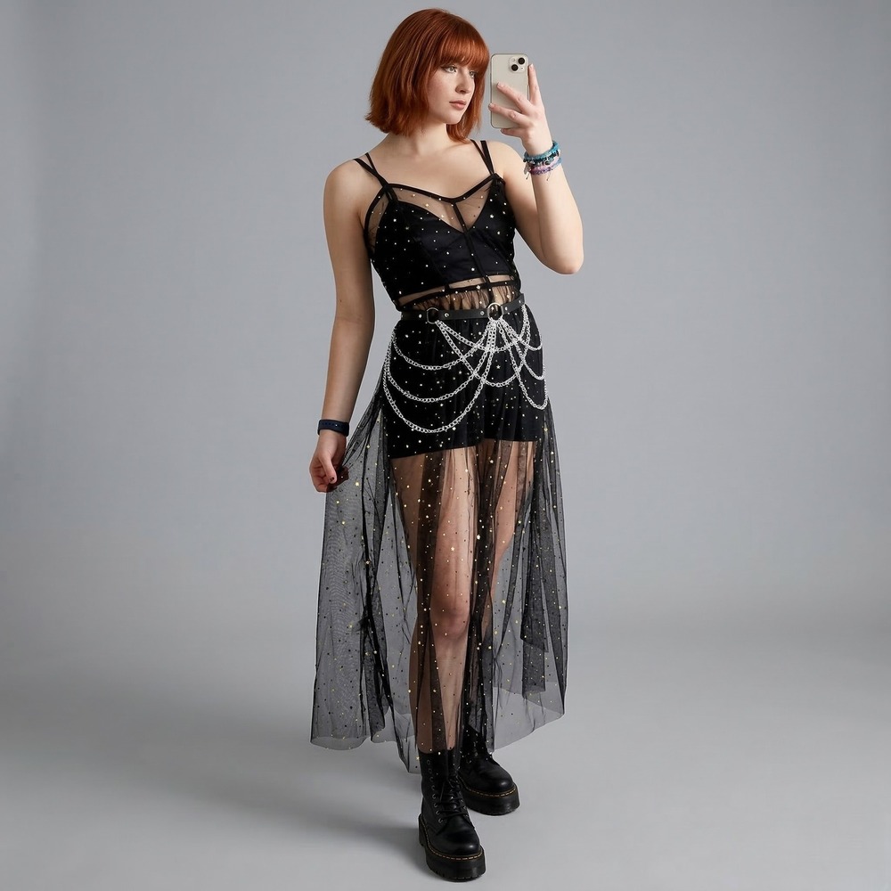 Medium Black Mesh Star Galaxy Dress Rave Swim Coverup Goth Beach Witchy Festival
